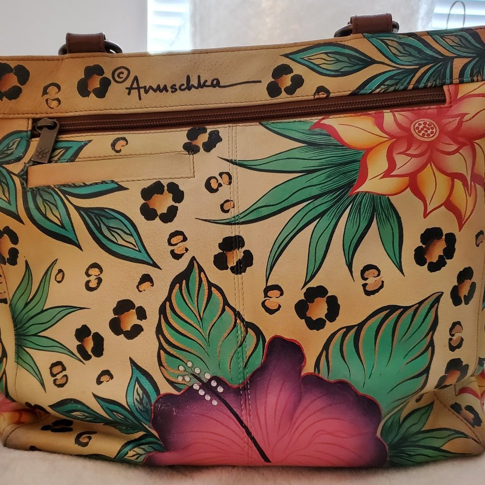Anuschka Leather Hand Painted Large Shoulder Tote Purse~ In The Tropics